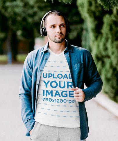V-Neck Tee Mockup of a Man Taking a Stroll While Listening to Some Music