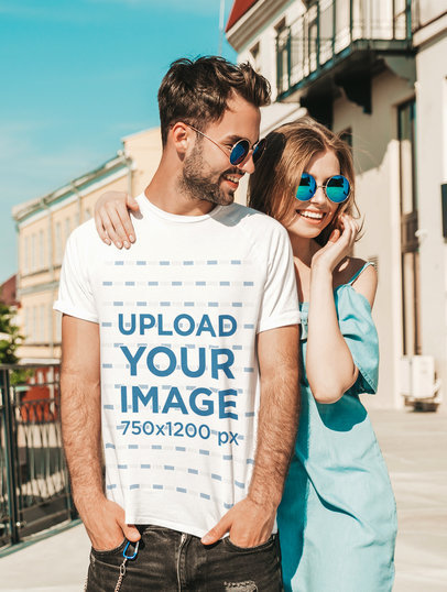 T-Shirt Mockup of a Man with Sunglasses Hanging Out with His Girlfriend