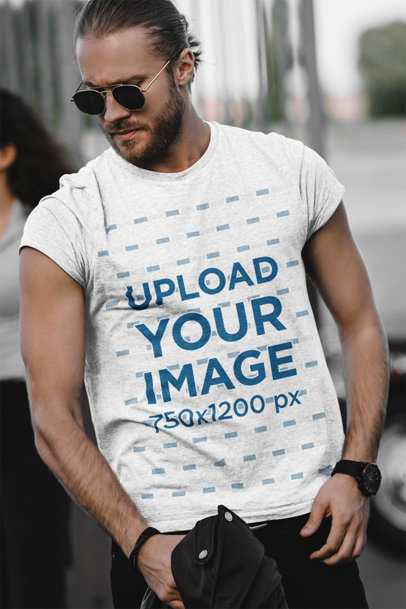 Heathered Tee Mockup of a Serious Man with Sunglasses 