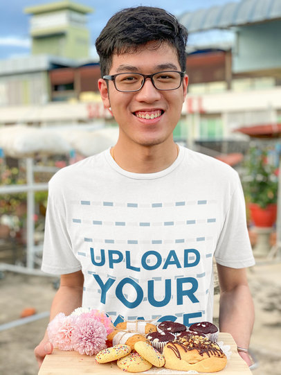 T-Shirt Mockup Featuring a Man with a Desserts Tray m1794-r-el2