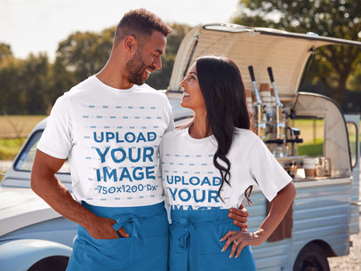 T-Shirt Mockup of an Entrepreneur Couple at an Outdoor Bazaar