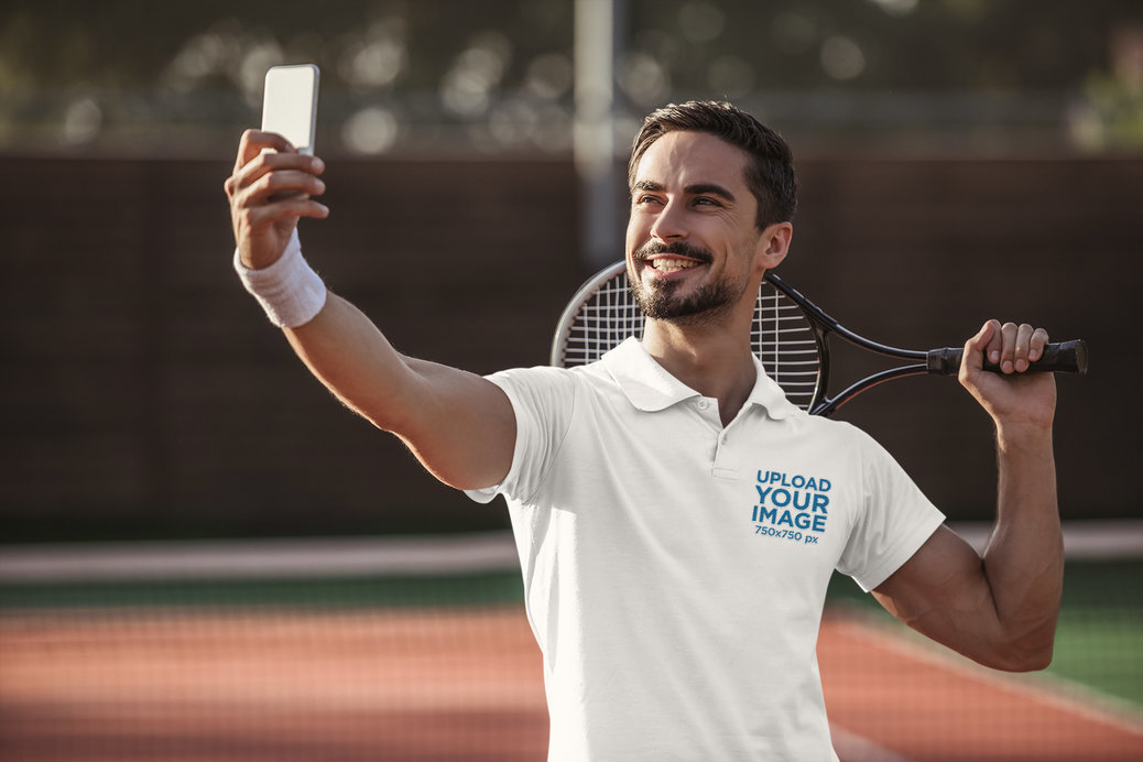 Polo Shirt Mockup of a Happy Tennis Player Taking a Selfie