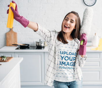 T-Shirt Mockup of a Woman Singing While Cleaning Her House m2718-r-el2