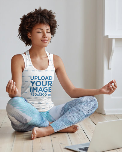 Sublimated Tank Top Mockup of a Woman Taking an Online Yoga Class