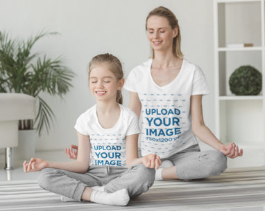 T-Shirt Mockup of a Girl and Her Mother Meditating at Home 