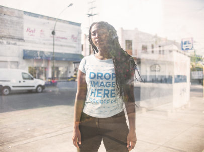Young Woman Wearing a Round Neck Tee Template While Behind a Glass