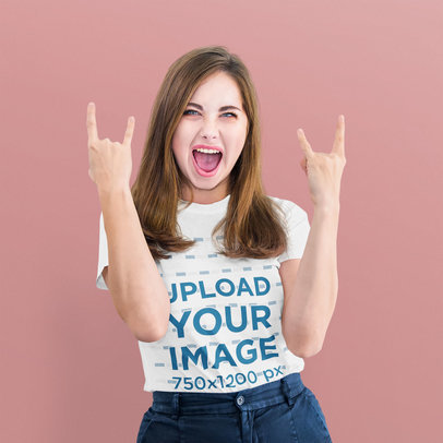 T-Shirt Mockup Featuring a Woman Making Rock Signs with Her Hands