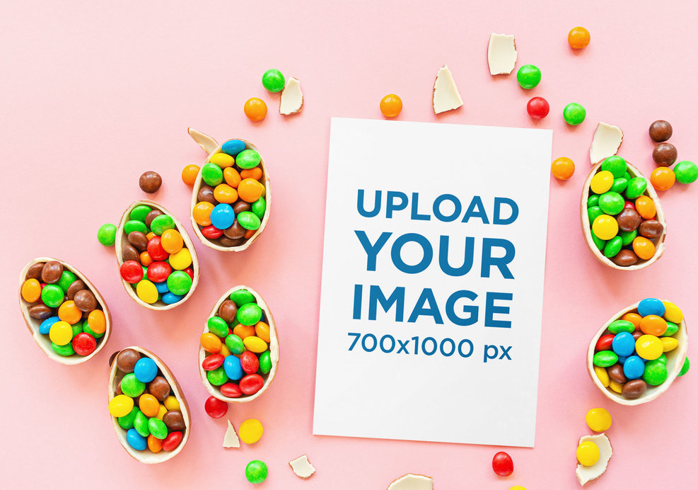 Mockup of an A5 Flyer Surrounded by Colorful Chocolate Candies