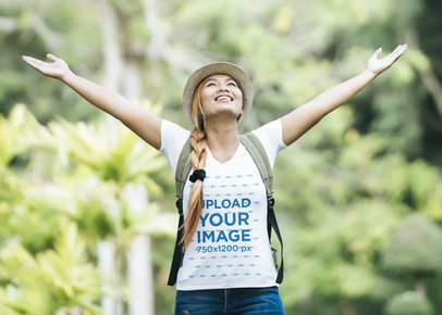 V-Neck T-Shirt of a Woman with Open Arms Enjoying Nature