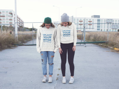 Two Women With Their Head Down Wearing Different Crewneck Sweatshirts Mockup