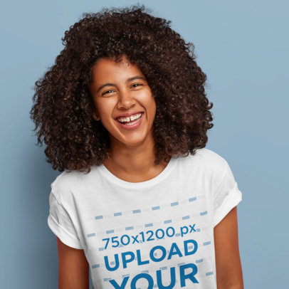 T-Shirt Mockup of a Long-Haired Woman Laughing in a Studio