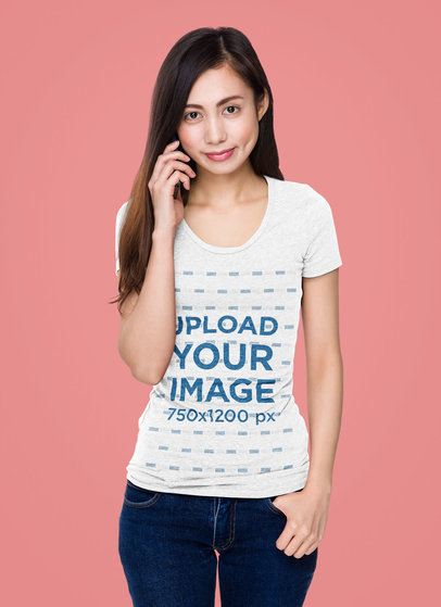 Scoop-Neck Tee Mockup of a Woman Talking on the Phone