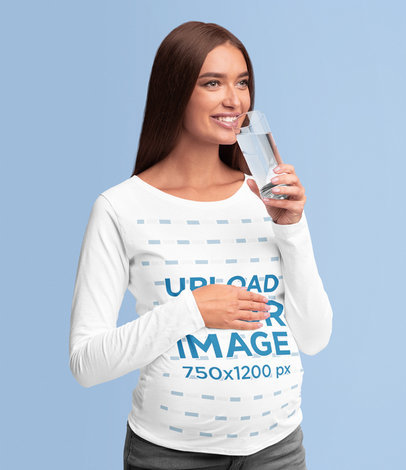 Long Sleeve Tee Mockup of a Pregnant Woman Drinking Water