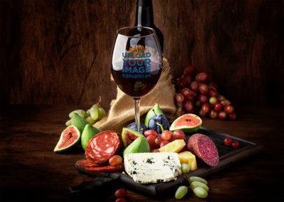 Mockup of a Wine Glass Surrounded by Fruits and Cheese