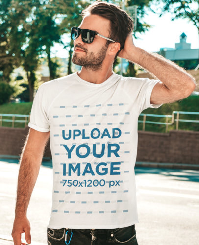 Crewneck T-Shirt Mockup Featuring a Man Wearing Sunglasses