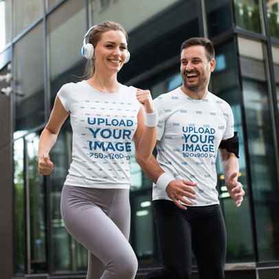 T-Shirt Mockup of a Happy Couple Jogging in the City