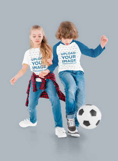 Raglan Long Sleeve Tee and T-Shirt Mockup of Two Kids Playing With a Soccer Ball
