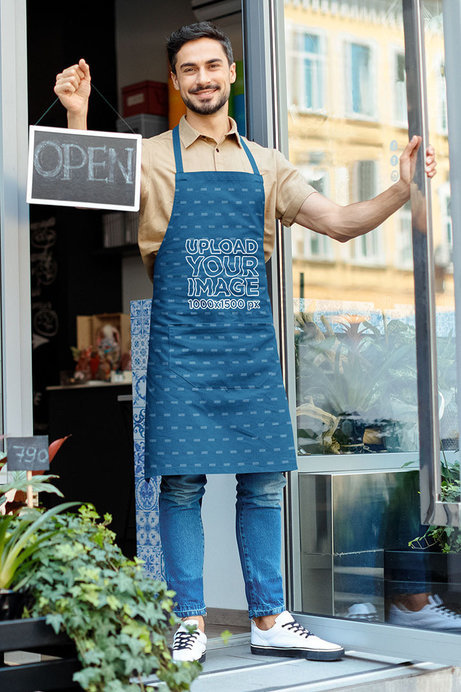 Apron Mockup of a Man Opening the Door of His Flower Shop