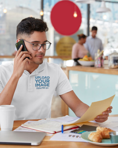Polo Shirt Mockup of a Man Doing a Business Phone Call