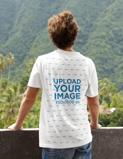 Back-View T-Shirt Mockup of a Man Admiring the Landscape
