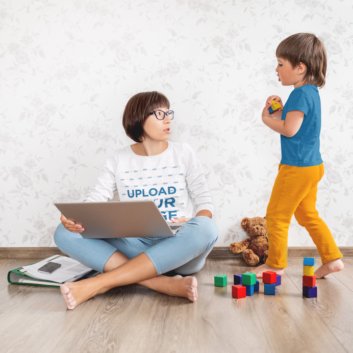 Long Sleeve Tee Mockup of a Mom Trying to Work From Home