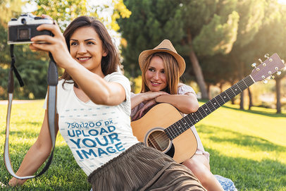 V-Neck Tee Mockup of Two Friends Taking a Selfie with a Vintage Camera 43734-r-el2