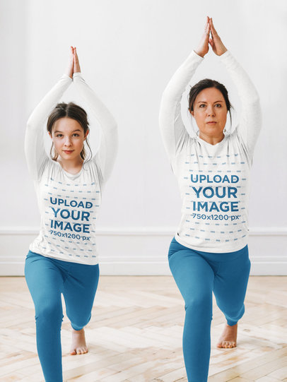 Long Sleeve Tee Mockup of a Woman Doing Yoga with Her Daughter