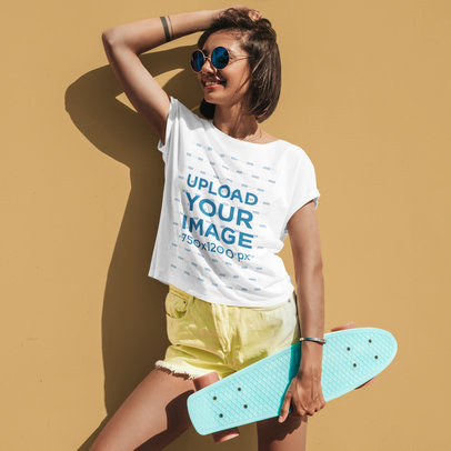 Round-Neck Tee Mockup Featuring a Female Skater with Sunglasses