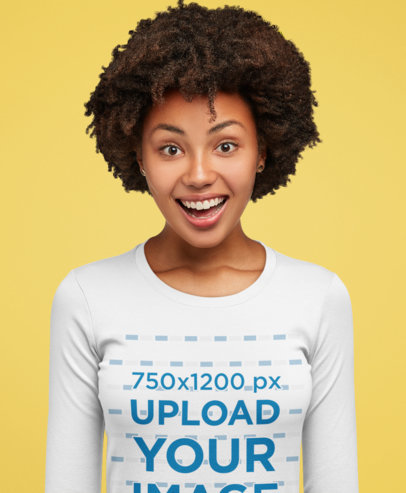 Long Sleeve Tee Mockup of a Surprised Woman at a Studio