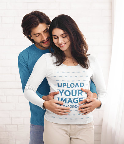 Long Sleeve Tee Mockup Featuring a Pregnant Woman with Her Husband