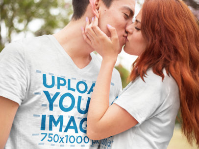 Young Romantic Couple Kissing While Wearing Different V-Neck T-Shirts Mockup a15734