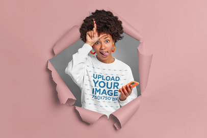Sweatshirt Mockup of a Woman Doing an L Hand Sign