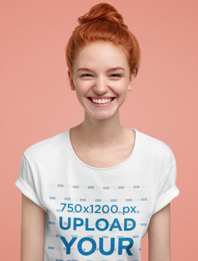 Round-Neck Tee Mockup of a Smiling Woman with Red Hair
