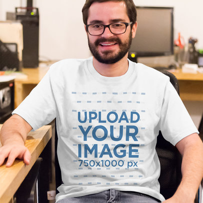 Happy Customer Wearing a Tshirt Template While at the Office a15522