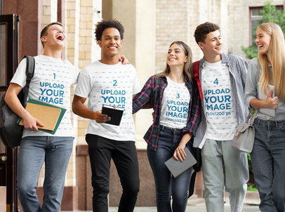 T-Shirt Mockup Featuring Five Students Walking Together