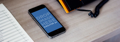 Product Mockup, Portrait Space Grey iPhone 5s At Hotel Desk