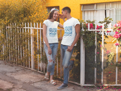 Smiling Couple Talking and Laughing While Wearing Different Tshirts Template Outdoors
