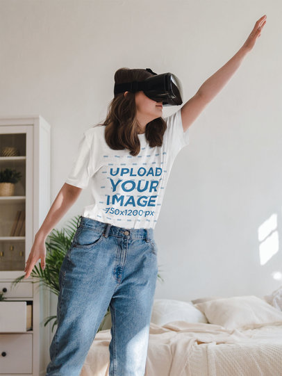 Unisex T-Shirt Mockup Featuring a Young Woman With a VR Headset 