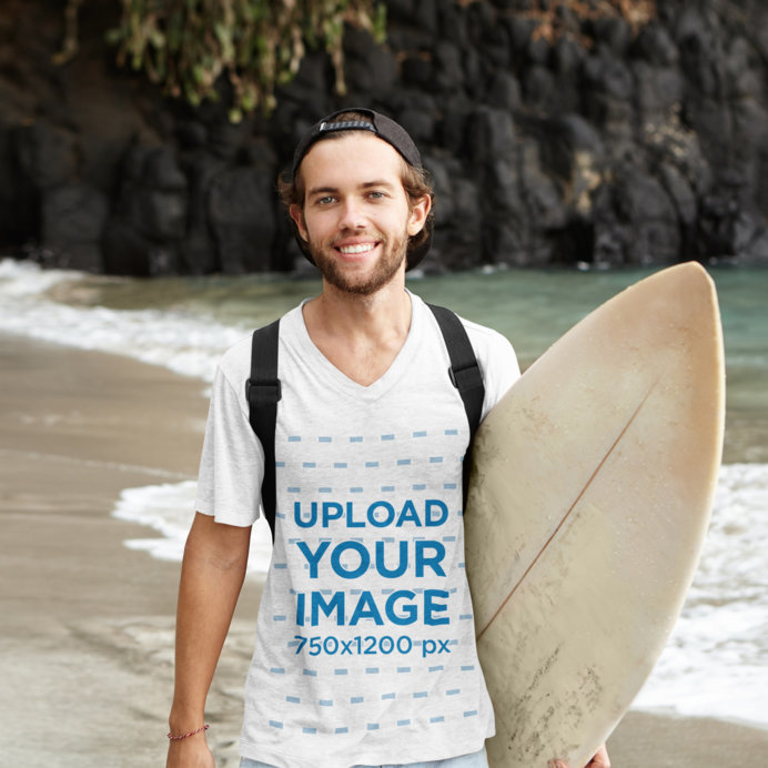 Mockup of a Surfer Wearing a V-Neck T-Shirt
