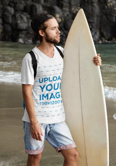 V-Neck Tee Mockup Featuring a Bearded Man With a Surfboard m2808r-el2