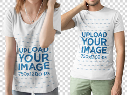 Cropped Faced Couple Wearing Different T-Shirts Mockup While Standing Against a Transparent Background 