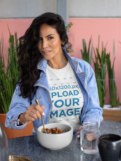T-Shirt Mockup Featuring a Stylish Woman Eating Lunch 32773a