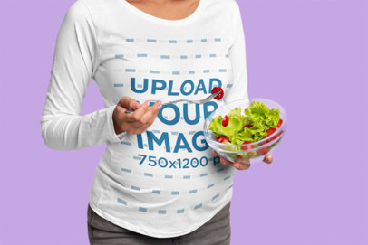 Long-Sleeve Tee Mockup Featuring a Pregnant Woman Eating a Salad