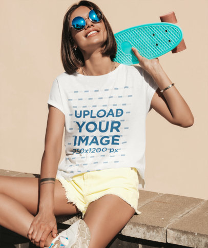 T-Shirt Mockup of a Young Woman with a Penny Board