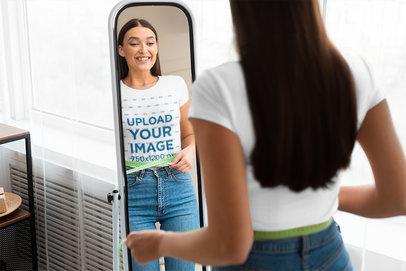 T-Shirt Mockup of a Happy Woman Measuring Her Waist 
