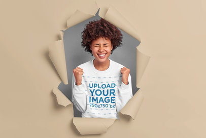 Sweatshirt Mockup Featuring a Ripped Wall and a Woman Celebrating 