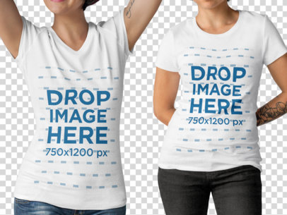 Two Edgy Women with Cropped Face Wearing a Round Neck and a V-Neck T-Shirts Mockup Against a Transparent Backdrop