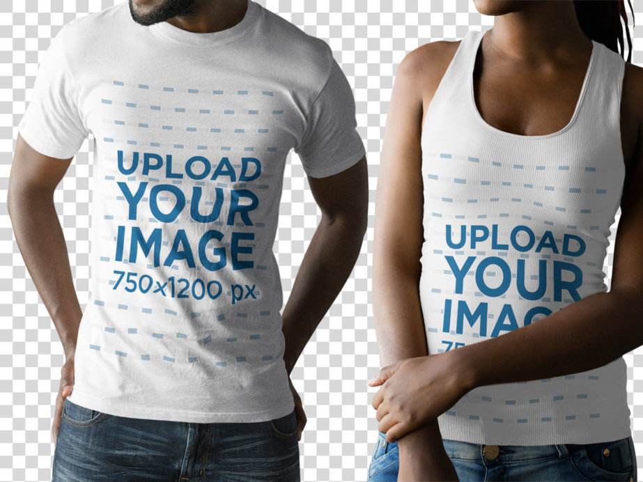 Couple with Cropped Faces Wearing a Round Neck Tee and a Tank Top Mockup While Against a Transparent Background