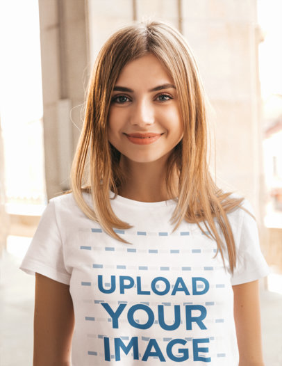 Basic T-Shirt Mockup of a Young Blonde Woman 