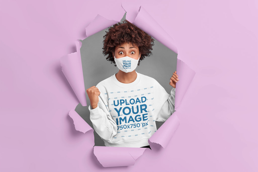 Sweatshirt and Face Mask Mockup of a Woman Through a Hole in the Wall
